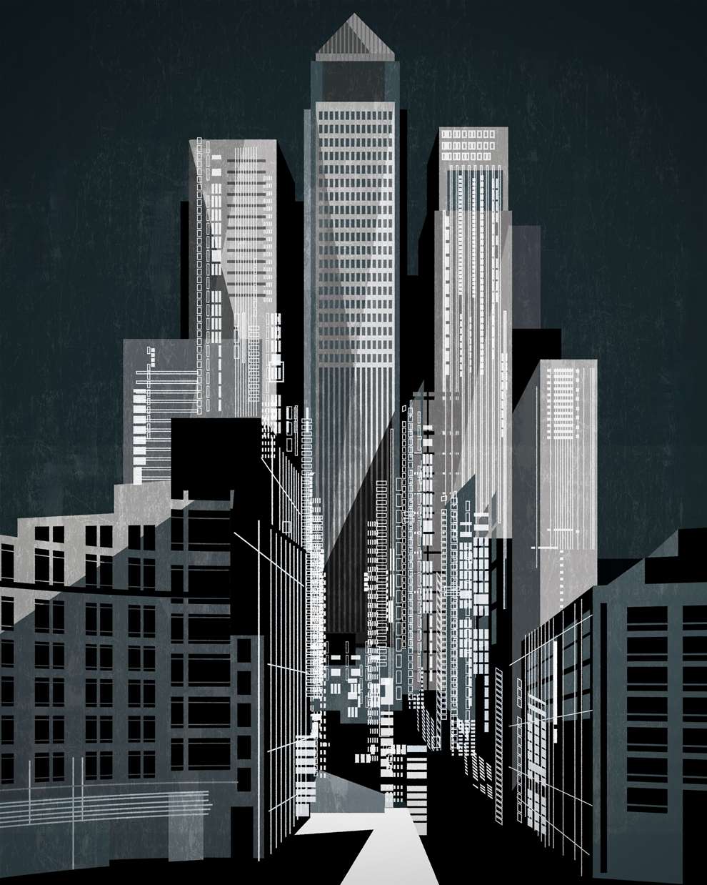 Paul Wearing, Digital Vector Architectural illustration of City Westferry Circus skyscrapers and buildings, on a dark background.